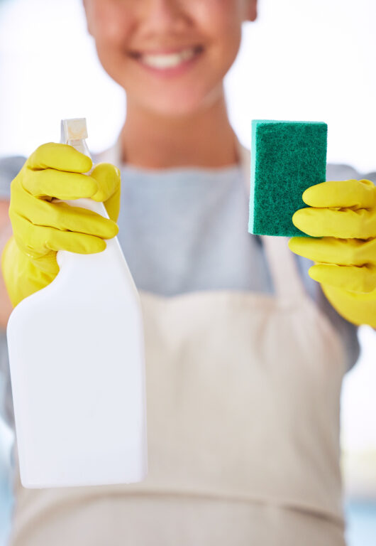 Woman, hands or spray bottle with sponge for spring cleaning, hygiene maintenance or healthcare wel.